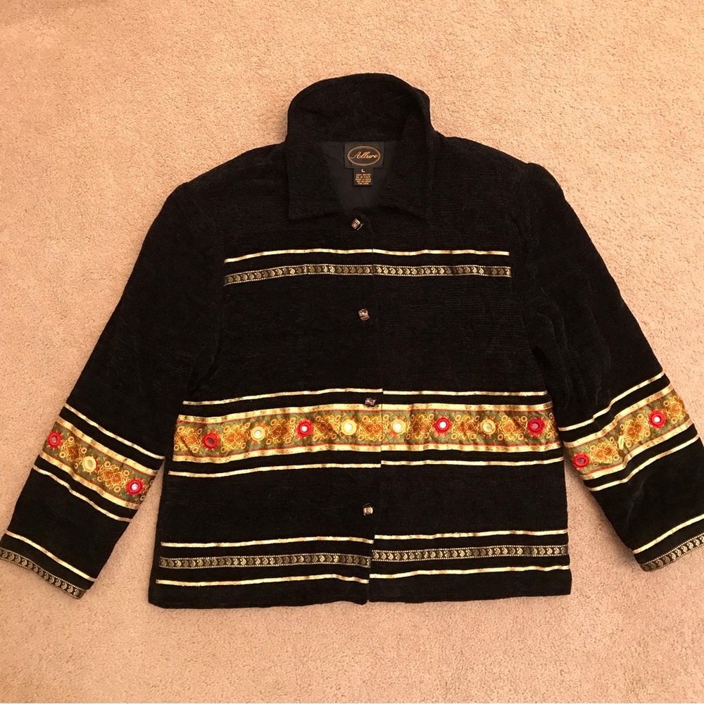 Allure Black Chenille Jacket Size Large Metallic Gold Ribbon Trim Eclectic Chic